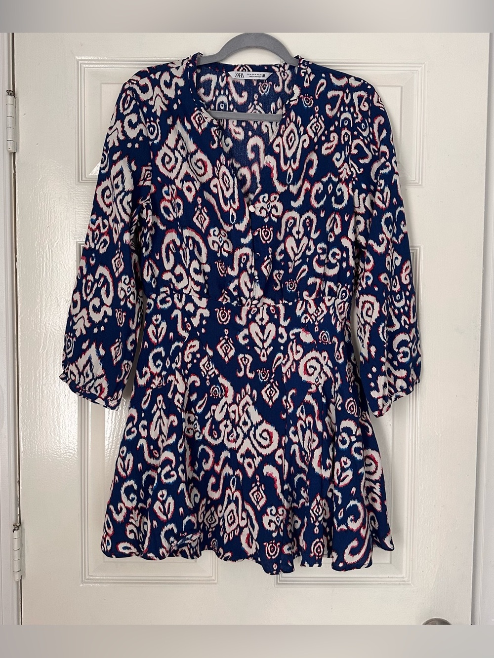 Zara Blue Ikat Print Mini Dress V Neck 3/4 Sleeve Women’s Medium